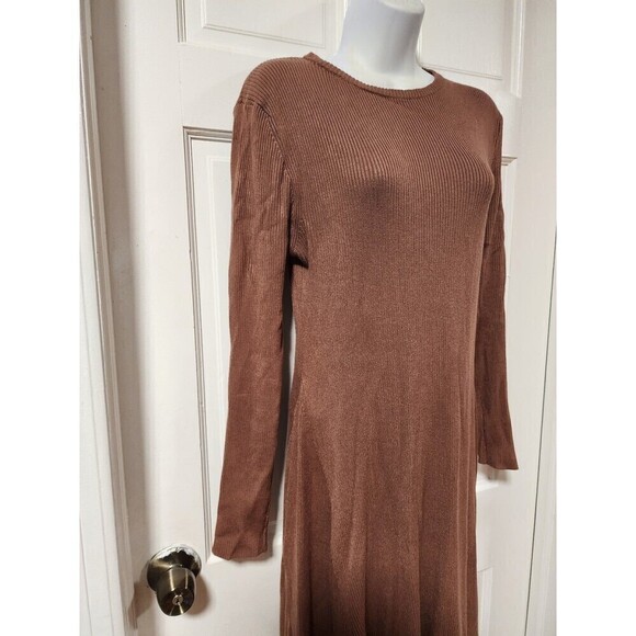 Women Long Sleeve Round Neck A-Line Brown Dress Large - Picture 3 of 8